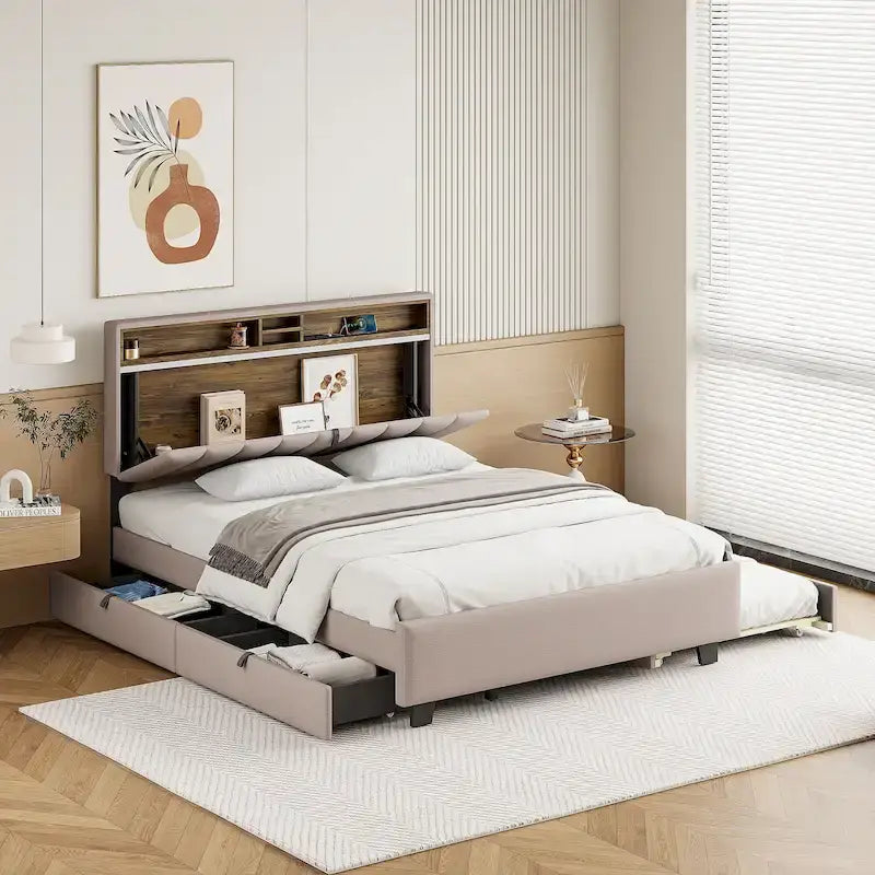 Lit plateforme rembourré avec tête de lit de rangement, lit gigogne simple XL et 2 tiroirs