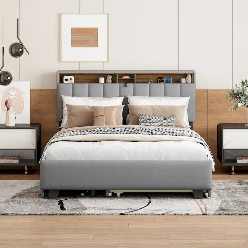 Lit plateforme rembourré avec tête de lit de rangement, lit gigogne simple XL et 2 tiroirs
