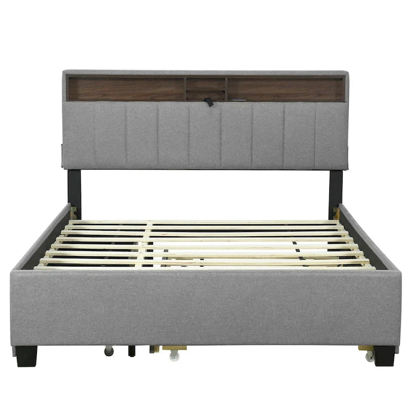 Lit plateforme rembourré avec tête de lit de rangement, lit gigogne simple XL et 2 tiroirs