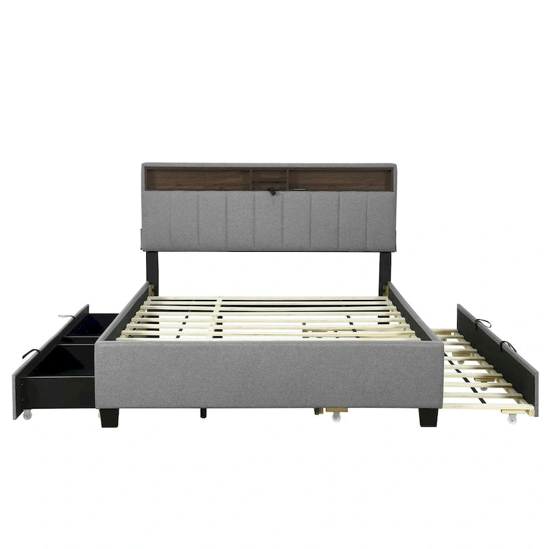 Lit plateforme rembourré avec tête de lit de rangement, lit gigogne simple XL et 2 tiroirs
