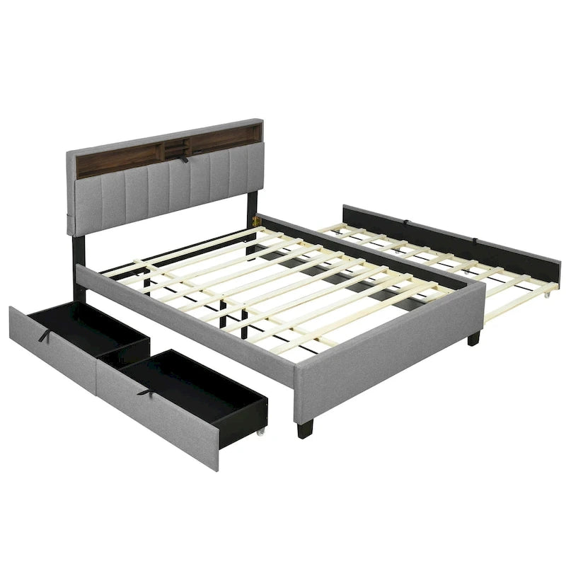 Lit plateforme rembourré avec tête de lit de rangement, lit gigogne simple XL et 2 tiroirs