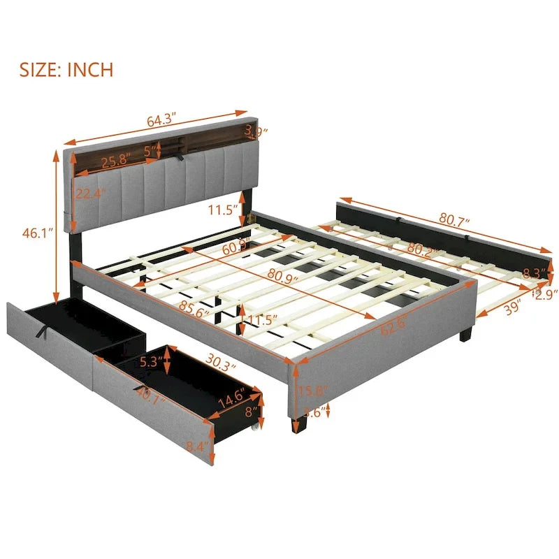Lit plateforme rembourré avec tête de lit de rangement, lit gigogne simple XL et 2 tiroirs