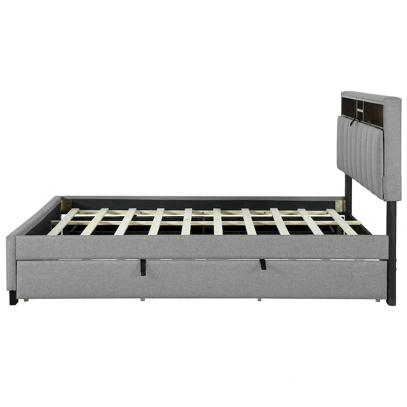 Lit plateforme rembourré avec tête de lit de rangement, lit gigogne simple XL et 2 tiroirs