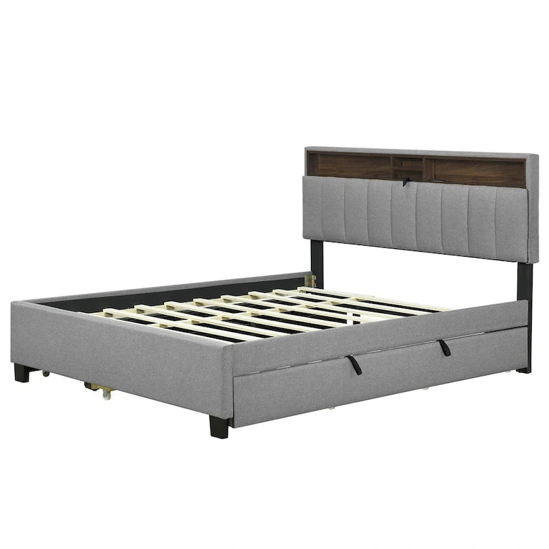 Lit plateforme rembourré avec tête de lit de rangement, lit gigogne simple XL et 2 tiroirs