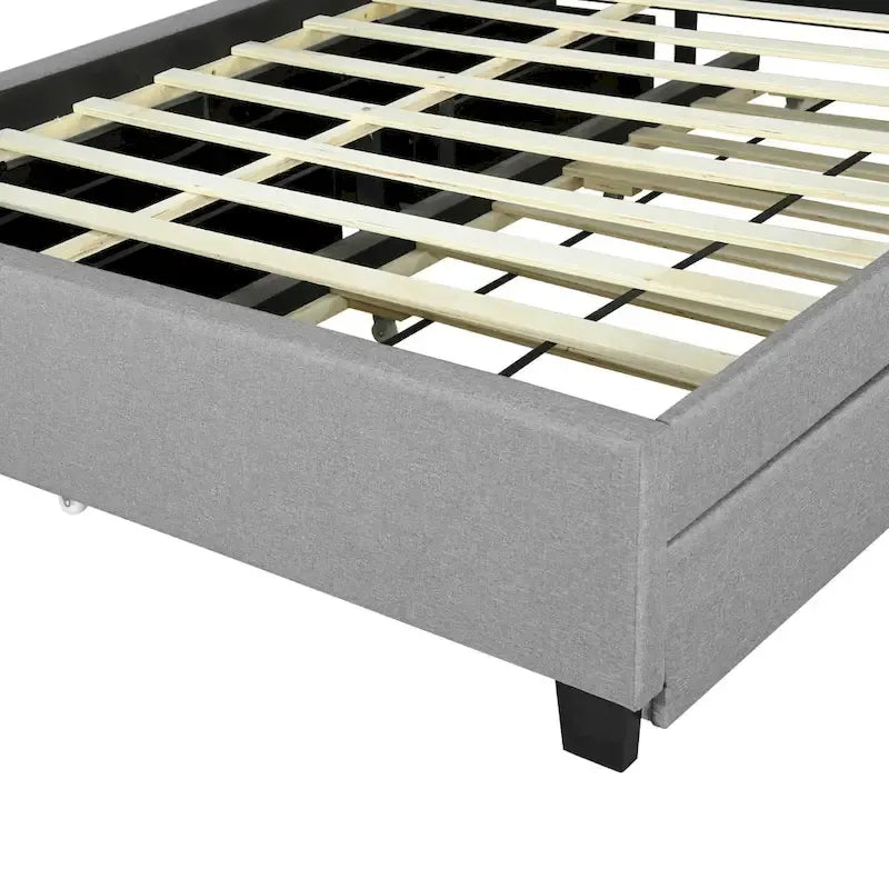 Lit plateforme rembourré avec tête de lit de rangement, lit gigogne simple XL et 2 tiroirs