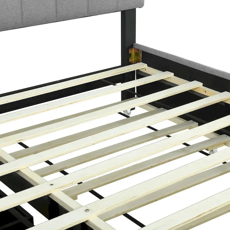 Lit plateforme rembourré avec tête de lit de rangement, lit gigogne simple XL et 2 tiroirs