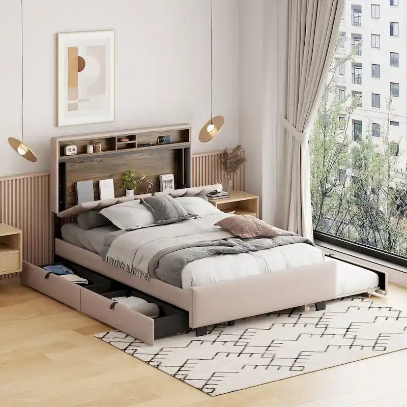 Lit plateforme rembourré avec tête de lit de rangement, lit gigogne simple XL et 2 tiroirs