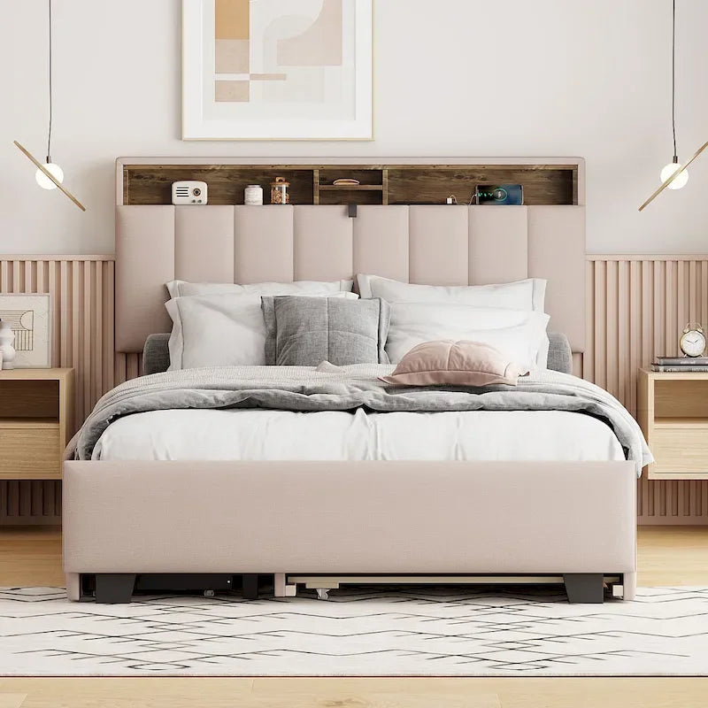 Lit plateforme rembourré avec tête de lit de rangement, lit gigogne simple XL et 2 tiroirs