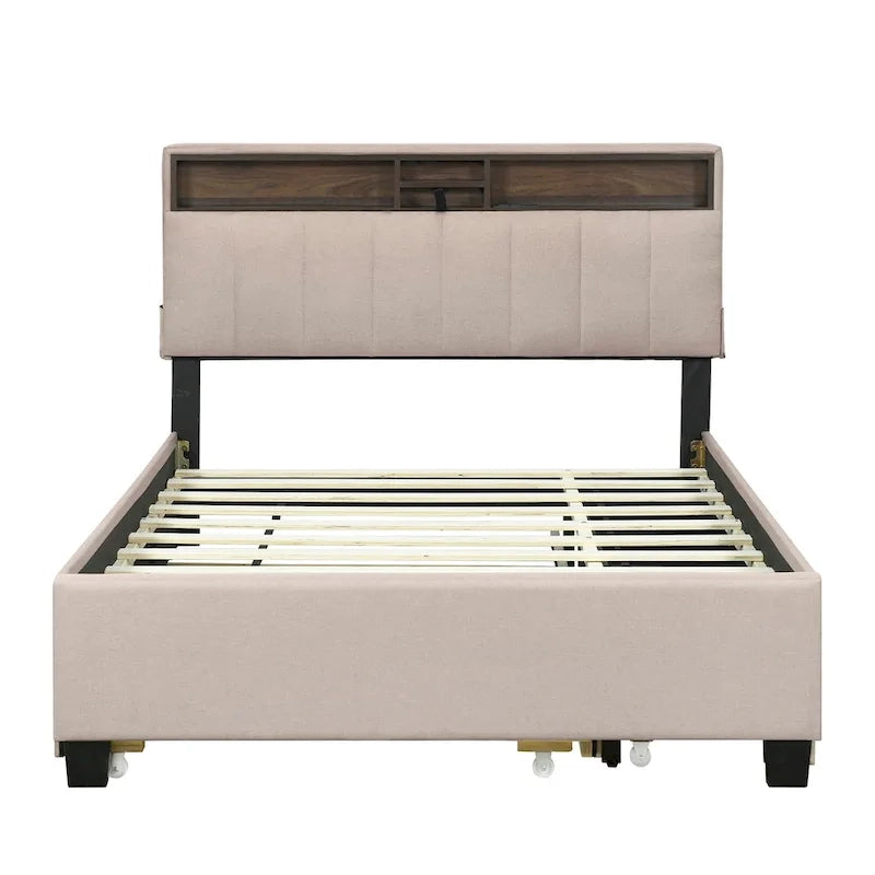Lit plateforme rembourré avec tête de lit de rangement, lit gigogne simple XL et 2 tiroirs
