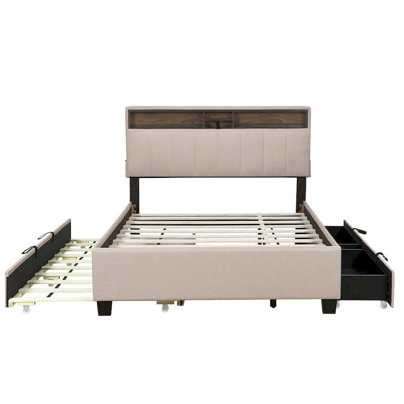 Lit plateforme rembourré avec tête de lit de rangement, lit gigogne simple XL et 2 tiroirs