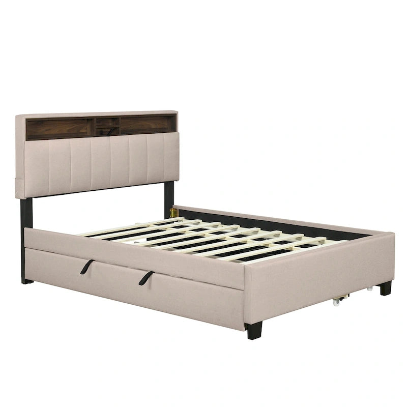 Lit plateforme rembourré avec tête de lit de rangement, lit gigogne simple XL et 2 tiroirs