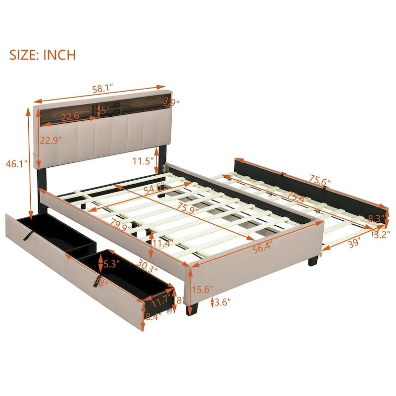 Lit plateforme rembourré avec tête de lit de rangement, lit gigogne simple XL et 2 tiroirs
