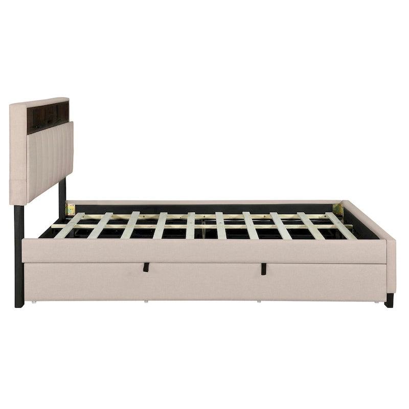 Lit plateforme rembourré avec tête de lit de rangement, lit gigogne simple XL et 2 tiroirs