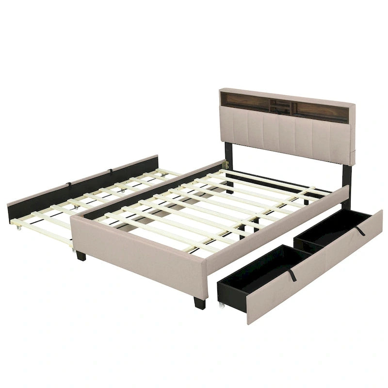 Lit plateforme rembourré avec tête de lit de rangement, lit gigogne simple XL et 2 tiroirs