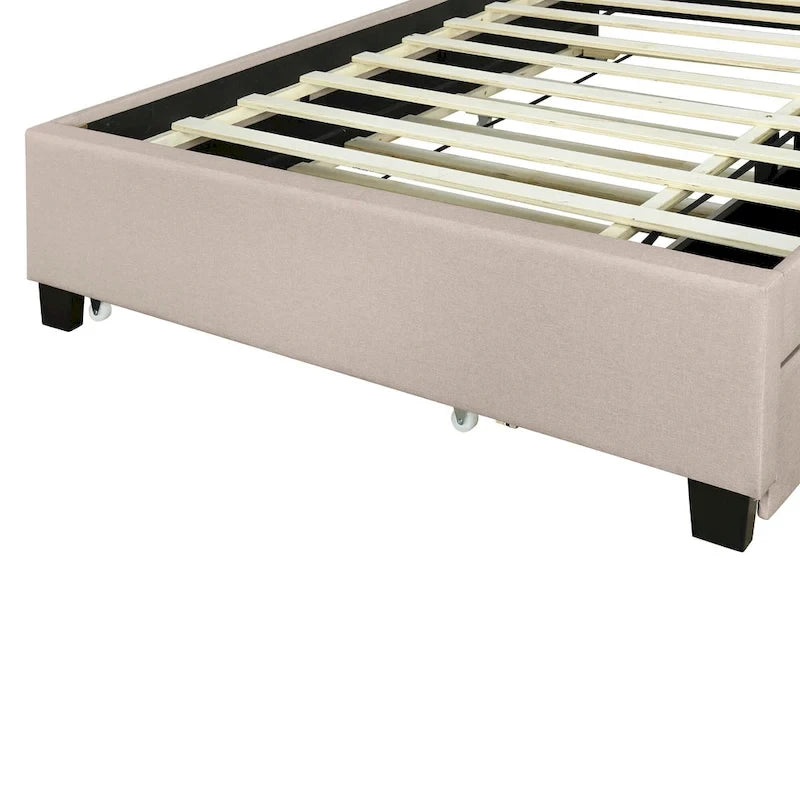 Lit plateforme rembourré avec tête de lit de rangement, lit gigogne simple XL et 2 tiroirs