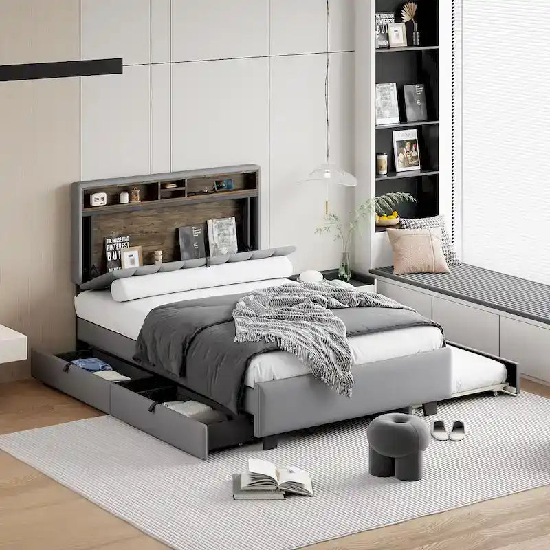 Lit plateforme rembourré avec tête de lit de rangement, lit gigogne simple XL et 2 tiroirs