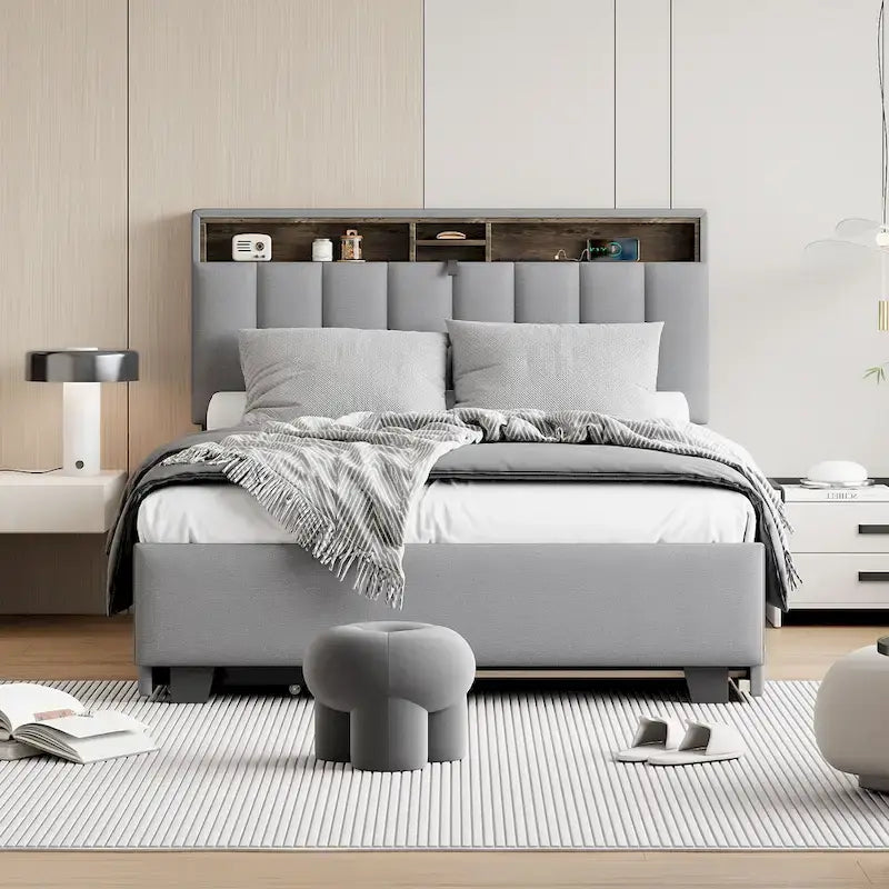 Lit plateforme rembourré avec tête de lit de rangement, lit gigogne simple XL et 2 tiroirs