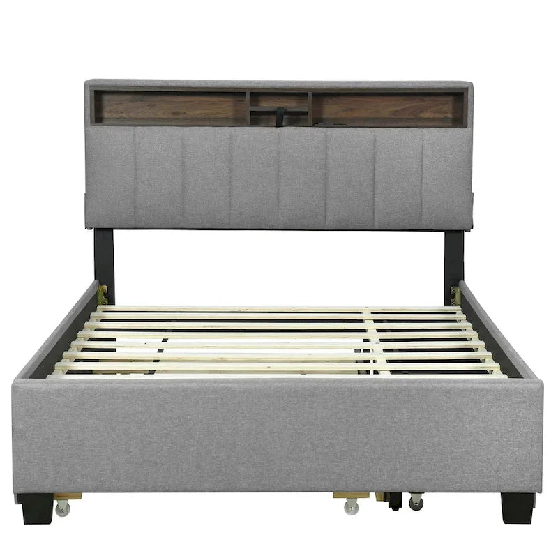 Lit plateforme rembourré avec tête de lit de rangement, lit gigogne simple XL et 2 tiroirs
