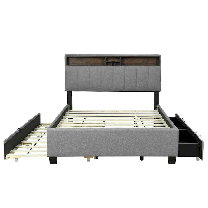 Lit plateforme rembourré avec tête de lit de rangement, lit gigogne simple XL et 2 tiroirs