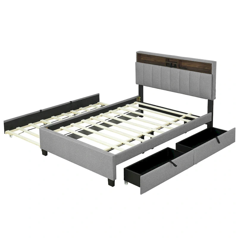 Lit plateforme rembourré avec tête de lit de rangement, lit gigogne simple XL et 2 tiroirs