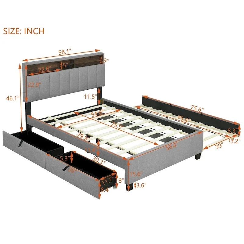 Lit plateforme rembourré avec tête de lit de rangement, lit gigogne simple XL et 2 tiroirs