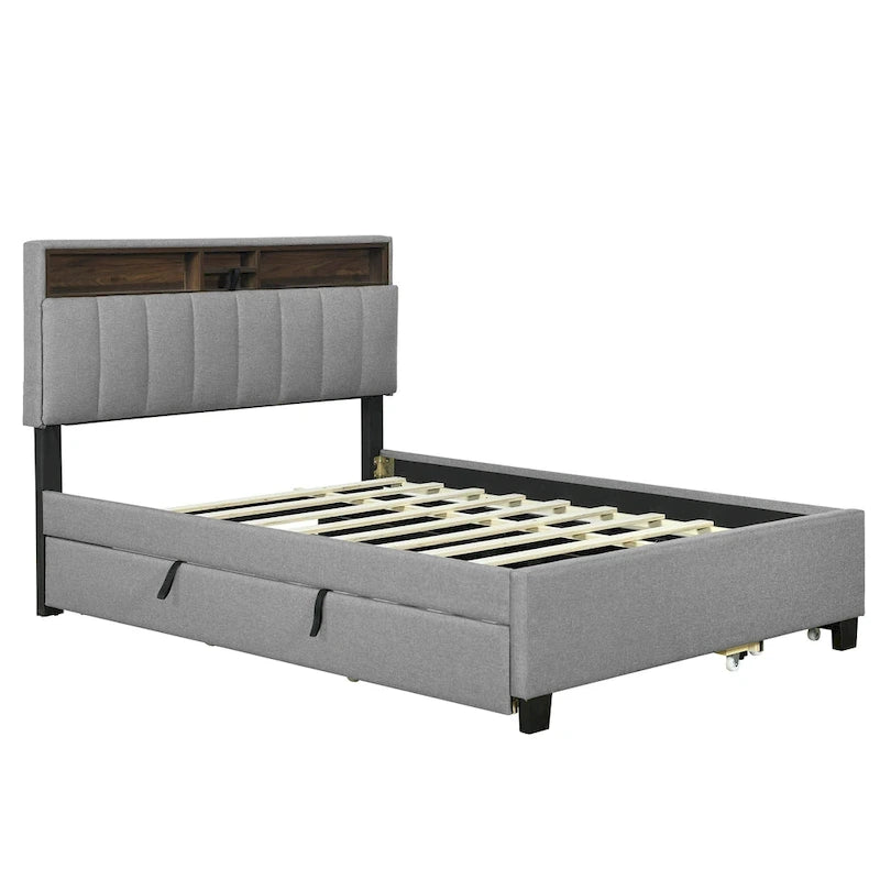 Lit plateforme rembourré avec tête de lit de rangement, lit gigogne simple XL et 2 tiroirs
