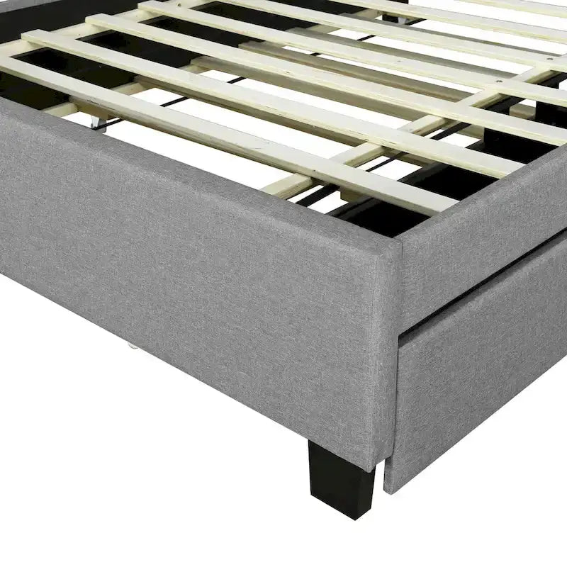 Lit plateforme rembourré avec tête de lit de rangement, lit gigogne simple XL et 2 tiroirs