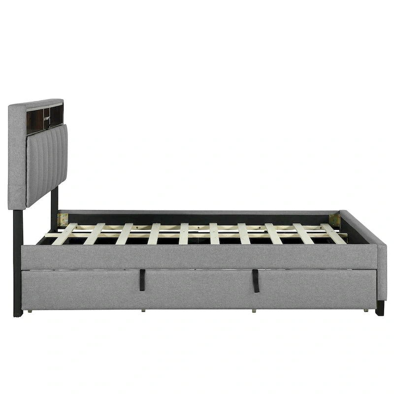 Lit plateforme rembourré avec tête de lit de rangement, lit gigogne simple XL et 2 tiroirs