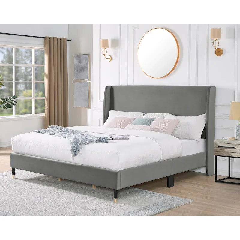 Lit plateforme gris King Size de style moderne avec tête de lit en velours à oreilles pour chambre à coucher