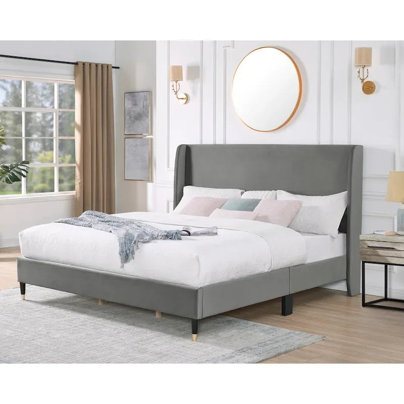 Gray King Size Modern Style Platform Bed with Wingback Design Velvet Headboard for Bedroom