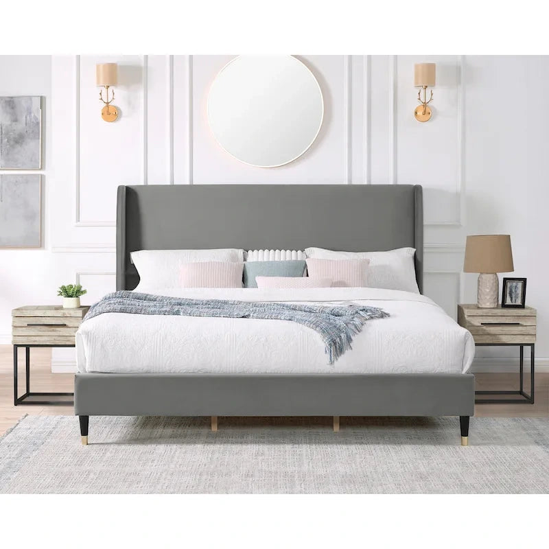 Lit plateforme gris King Size de style moderne avec tête de lit en velours à oreilles pour chambre à coucher