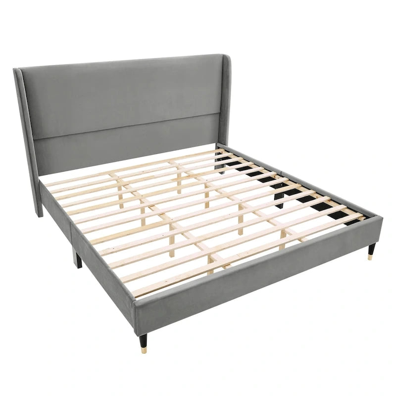 Lit plateforme gris King Size de style moderne avec tête de lit en velours à oreilles pour chambre à coucher