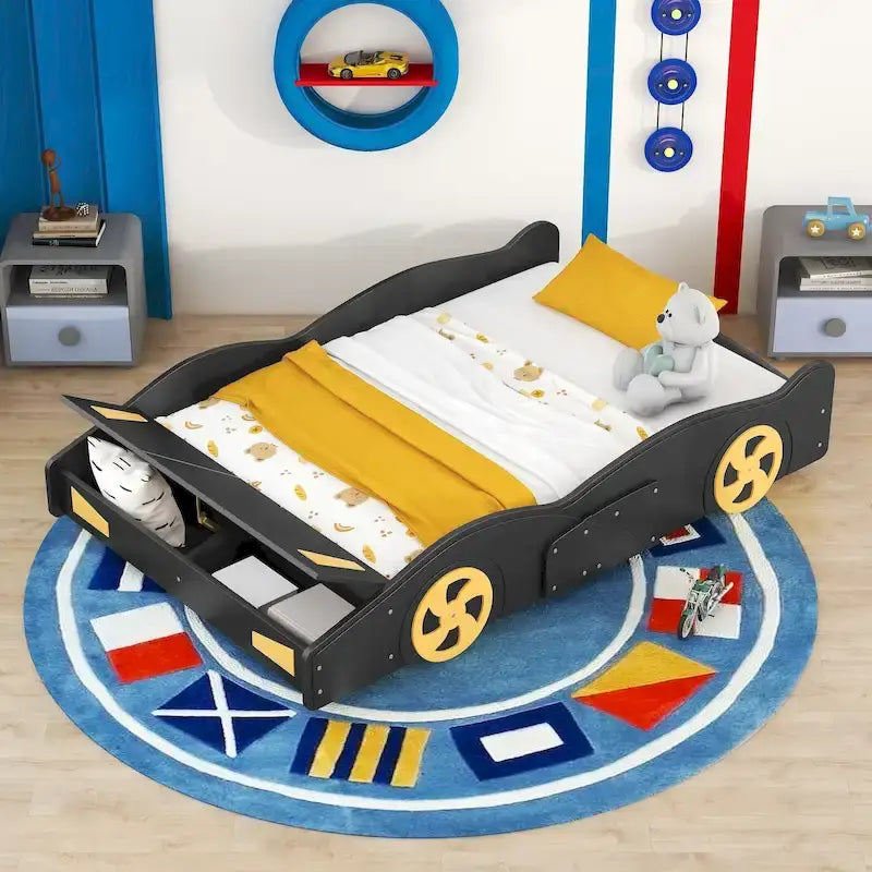 Lit de course en pin avec roues et rangement