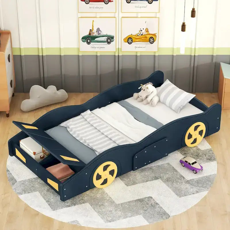 Pine Race Car Bed with Wheels & Storage