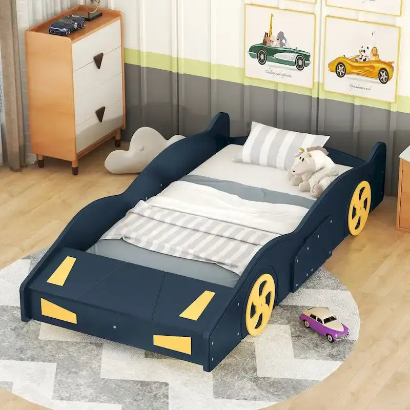 Lit de course en pin avec roues et rangement