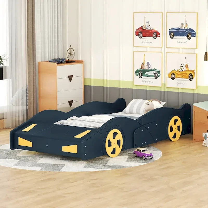 Lit de course en pin avec roues et rangement