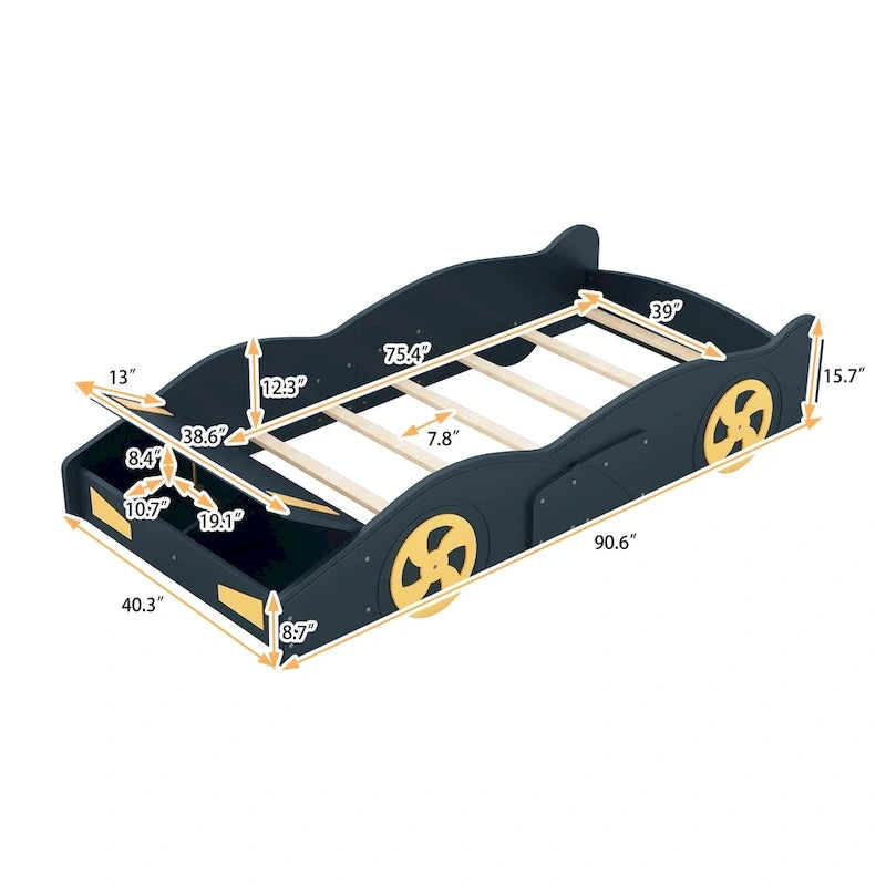 Lit de course en pin avec roues et rangement