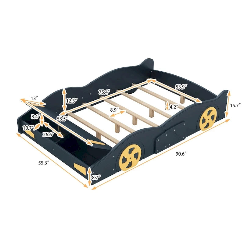 Lit de course en pin avec roues et rangement
