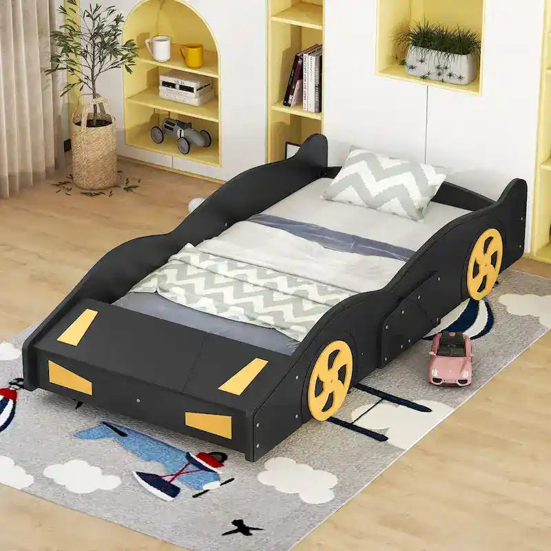 Lit de course en pin avec roues et rangement