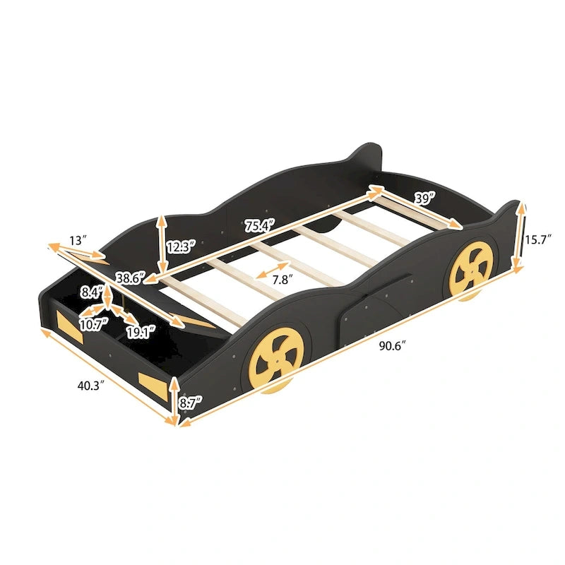 Lit de course en pin avec roues et rangement