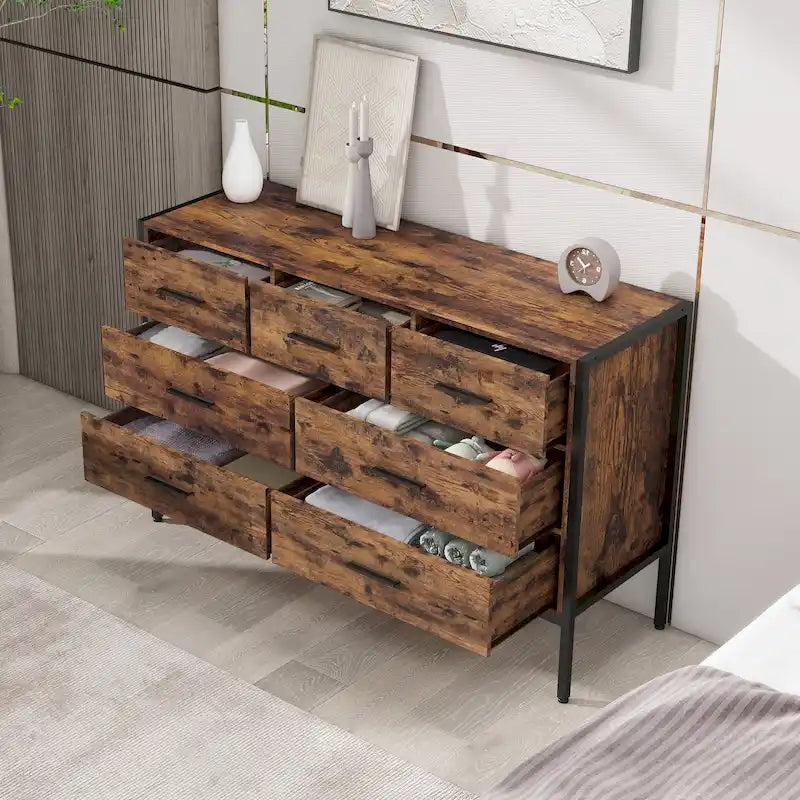 Commode horizontale à 7 tiroirs, armoire de rangement en bois pour chambre, meuble à vêtements robuste avec structure en acier solide