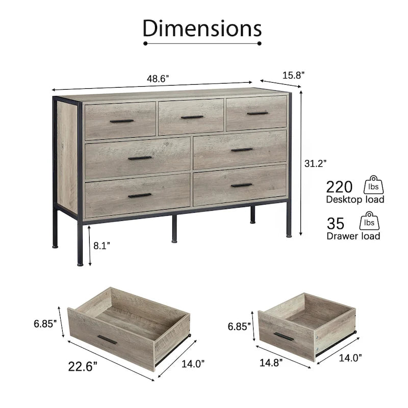Commode horizontale à 7 tiroirs, armoire de rangement en bois pour chambre, meuble à vêtements robuste avec structure en acier solide