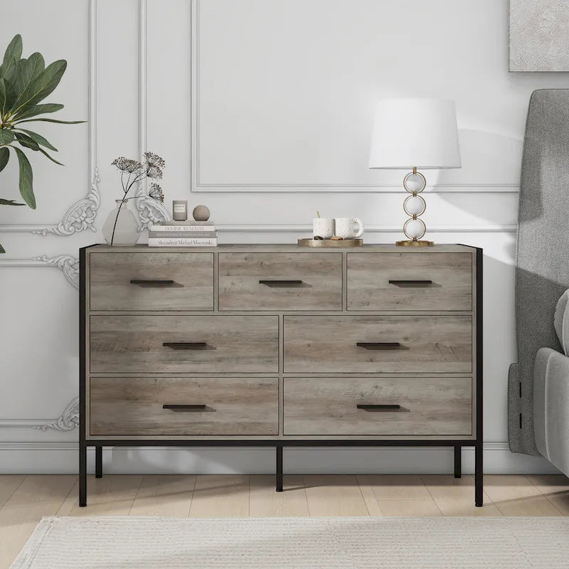 Commode horizontale à 7 tiroirs, armoire de rangement en bois pour chambre, meuble à vêtements robuste avec structure en acier solide