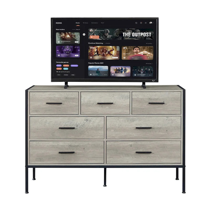 Commode horizontale à 7 tiroirs, armoire de rangement en bois pour chambre, meuble à vêtements robuste avec structure en acier solide
