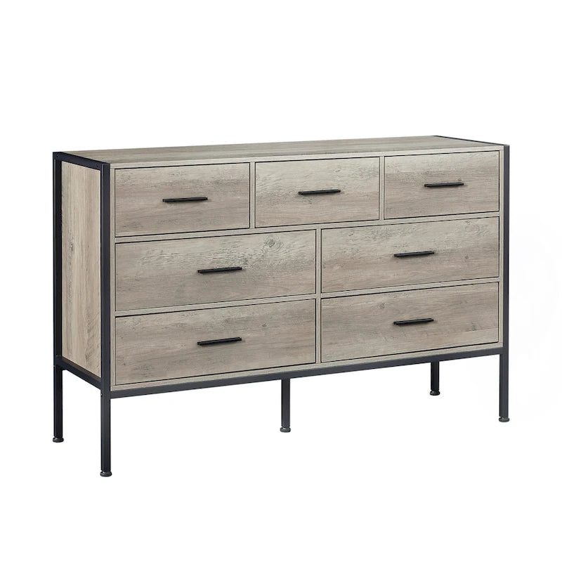 Commode horizontale à 7 tiroirs, armoire de rangement en bois pour chambre, meuble à vêtements robuste avec structure en acier solide