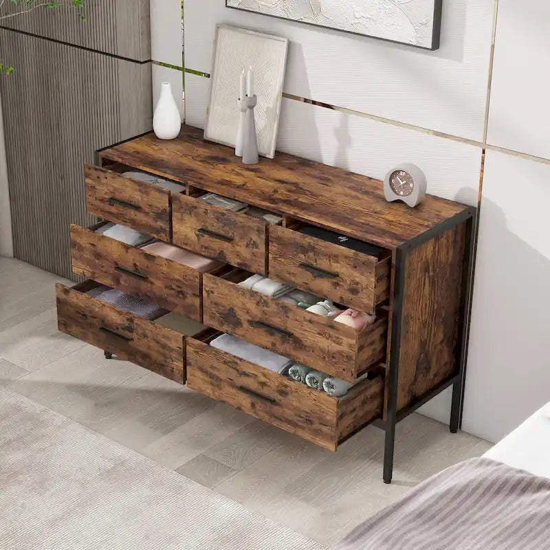 Commode horizontale à 7 tiroirs, armoire de rangement en bois pour chambre, meuble à vêtements robuste avec structure en acier solide