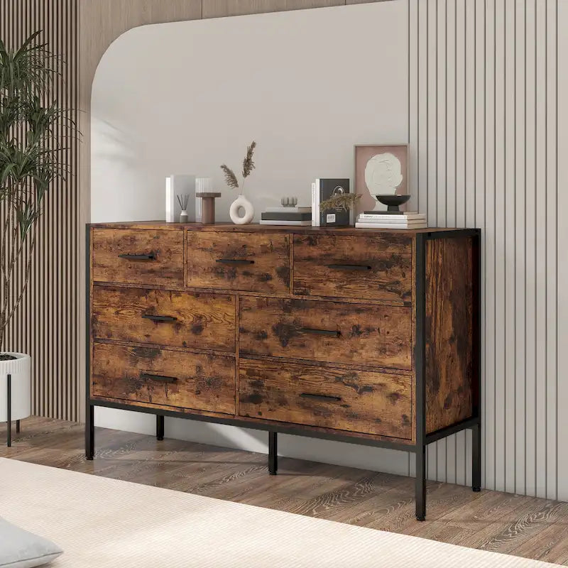 Commode horizontale à 7 tiroirs, armoire de rangement en bois pour chambre, meuble à vêtements robuste avec structure en acier solide