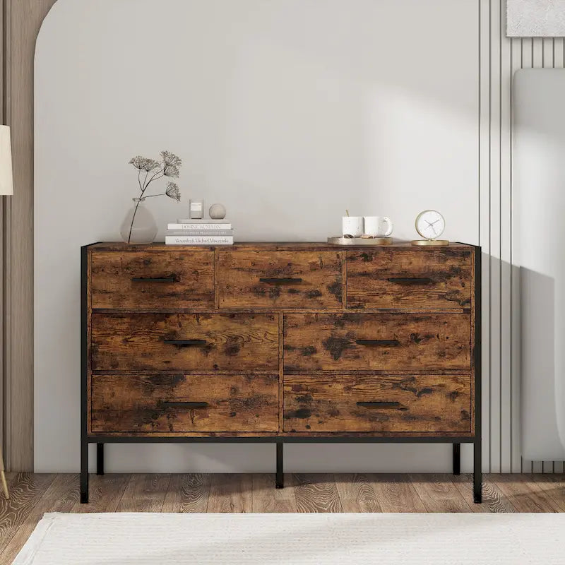 Commode horizontale à 7 tiroirs, armoire de rangement en bois pour chambre, meuble à vêtements robuste avec structure en acier solide