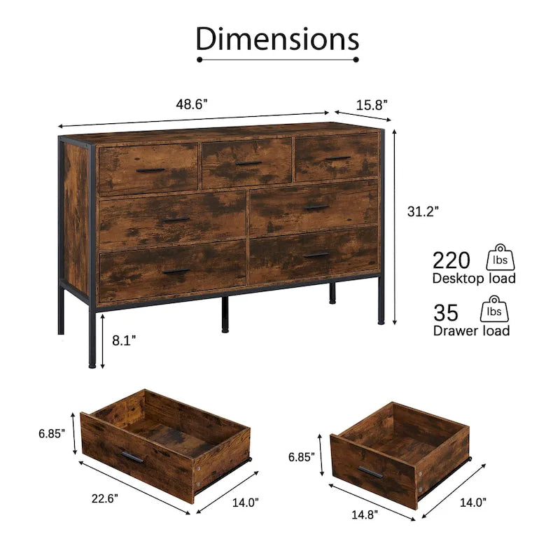 Commode horizontale à 7 tiroirs, armoire de rangement en bois pour chambre, meuble à vêtements robuste avec structure en acier solide