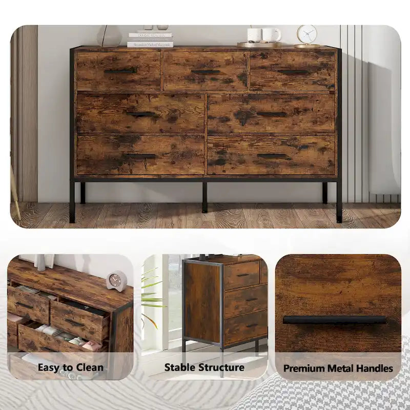 Commode horizontale à 7 tiroirs, armoire de rangement en bois pour chambre, meuble à vêtements robuste avec structure en acier solide